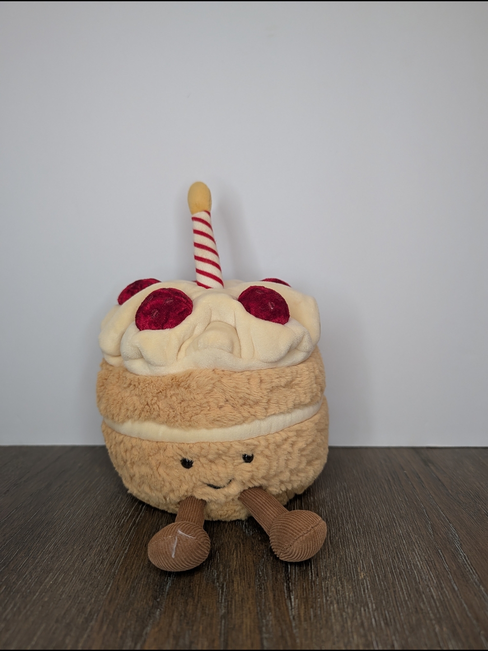Jellycat Beige & Cream Birthday Cake Plush with Red Cherry Accents